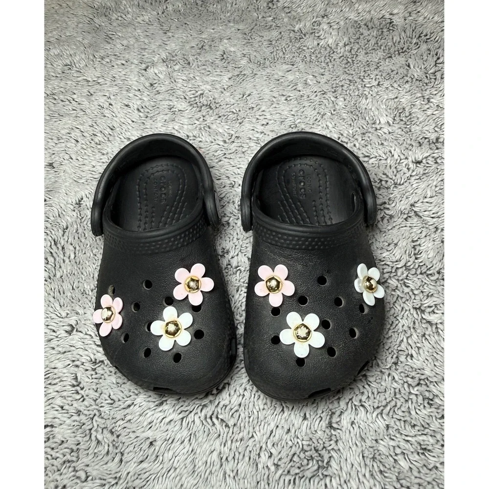 Crocs Classic Clogs Black Toddler Sz 5 Floral Flower Jibbitz Charms Slip On Shoe